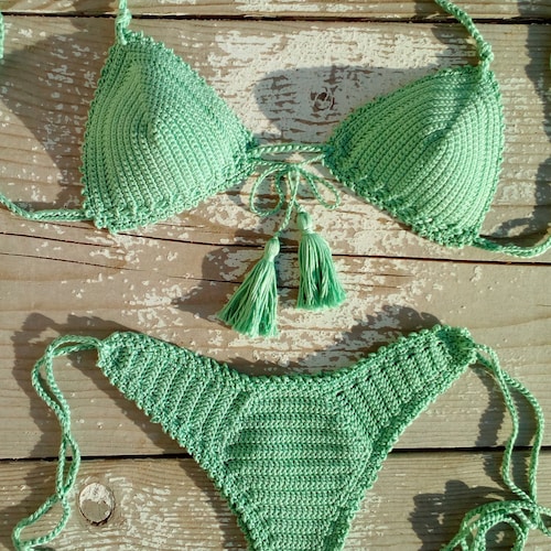 High Hip Crochet Bikini Set Brazilian Mint Tassel Bikini Crochet Swimwear Crochet Swimsuit