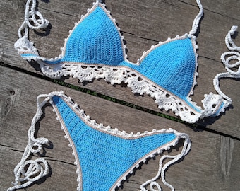 Conjunto de bikini de crochet hecho a mano de cadera alta en color turquesa con ribete de encaje