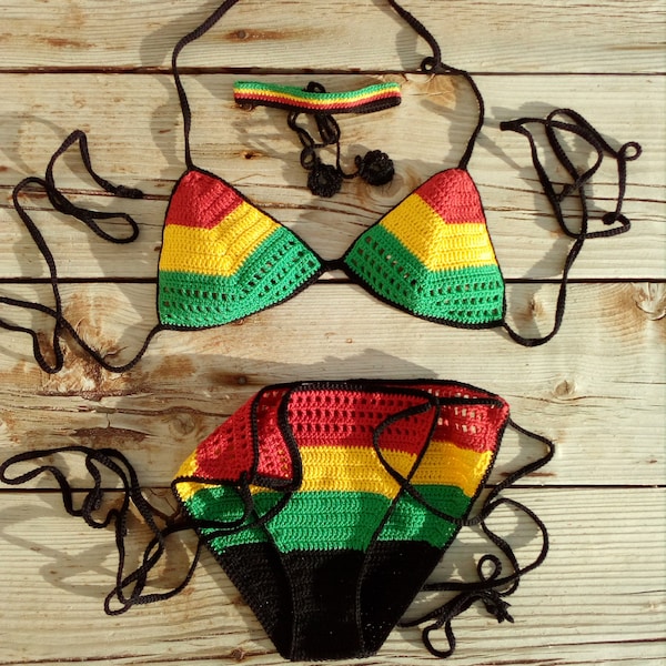 Ensemble de bikini au crochet Bikini rasta reggae en rouge jaune vert