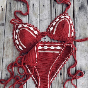crochet bikini set in Dark Red with Seashells