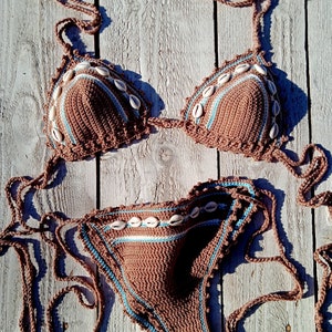 crochet bikini set in dark Tan with natural SeaShells. Can be made in any color