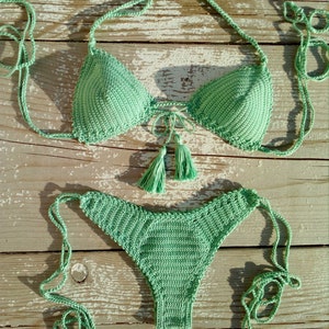 High hip crochet bikini set brazilian in Mint with tassels. Can be made in any color