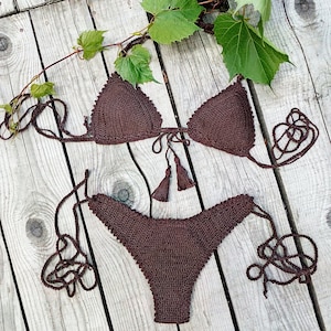 crochet bikini set brazilian Maroon Brown with Tassels