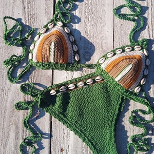 crochet bikini set Green Brown Cream Dust orange with natural seashells image 6
