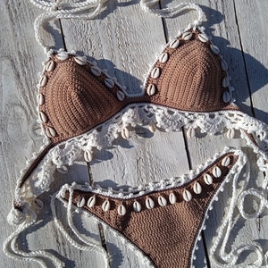 crochet bikini set  High Hip in Tan Bronze with lace edgings and natural shells