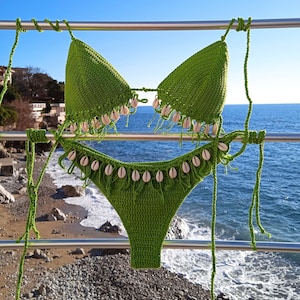 crochet bikini set Lime Pistachio Green with natural seashellsseashells. Can be made in any color
