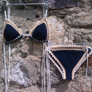 crochet bikini in Dark Blue with orange and white accents image 4