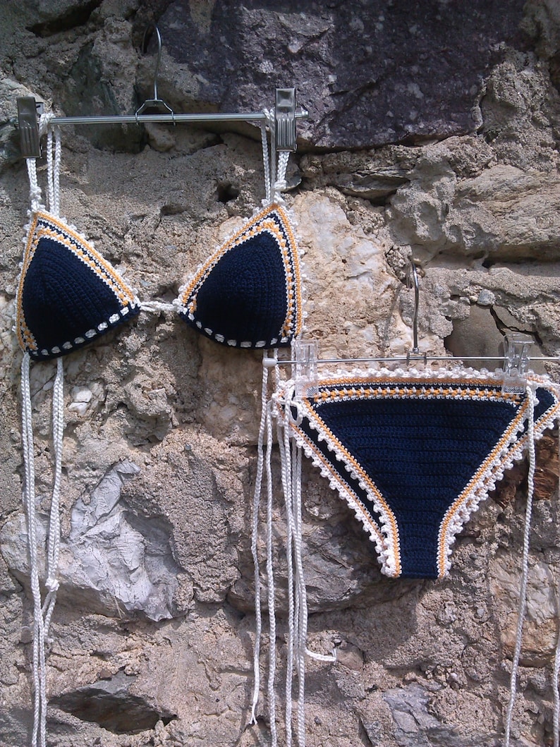 crochet bikini in Dark Blue with orange and white accents image 4