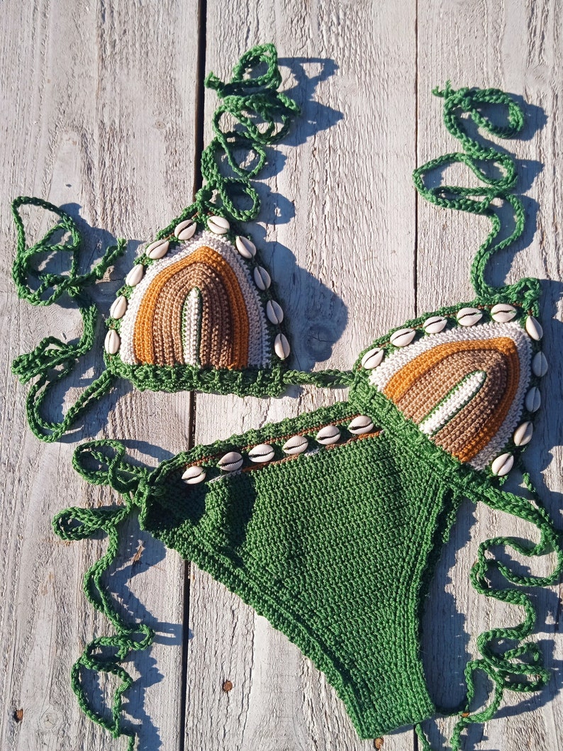 crochet bikini set Green Brown Cream Dust orange with natural seashells image 6