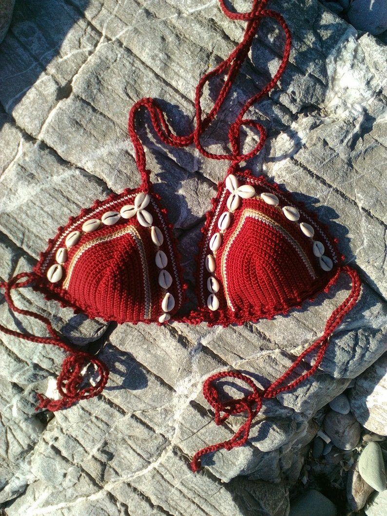 Crochet Bikini Dark Red Sea Shells Bikini Crochet Swimwear Etsy