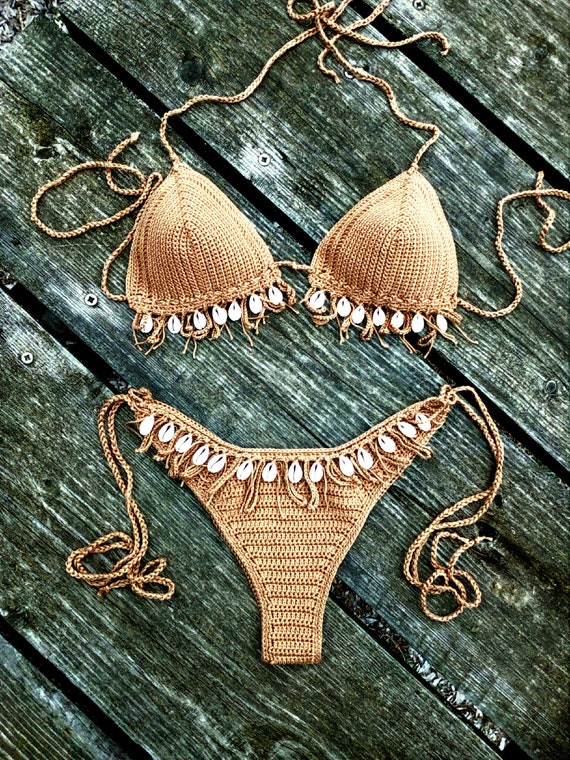 Crochet Bikini Set in Tan Brown Bronze With Natural Shells. Can Be Made in  Any Color -  Canada