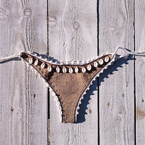 crochet bikini set High Hip in Tan Bronze with lace edgings and natural shells image 3