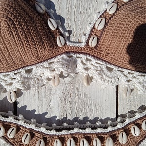 crochet bikini set High Hip in Tan Bronze with lace edgings and natural shells image 2