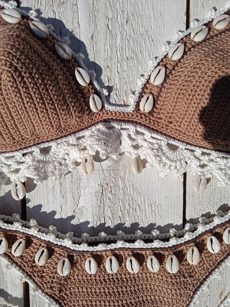 crochet bikini set High Hip in Tan Bronze with lace edgings and natural shells image 2