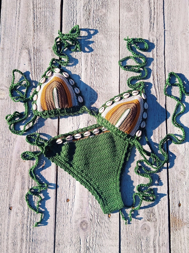 crochet bikini set Green Brown Cream Dust orange with natural seashells image 1
