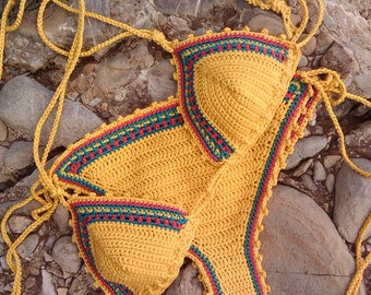 crochet bikini set Jamaican in Yellow with green and red accents