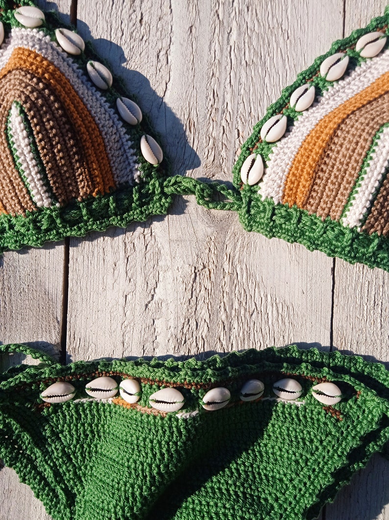 crochet bikini set Green Brown Cream Dust orange with natural seashells image 3