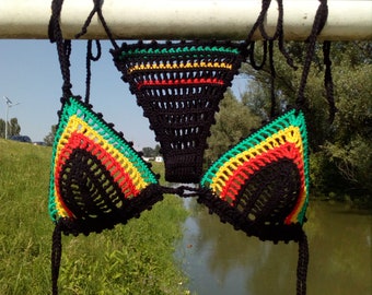 crochet bikini set SEE THROUGH Rasta in red yellow green, sheer bikini