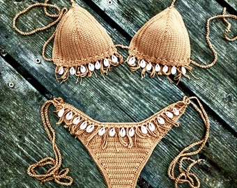 crochet bikini set Tan Bronze with natural seashells. Can be made in any color