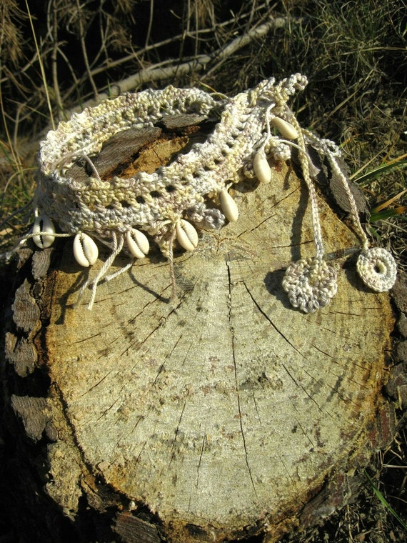 Crochet Choker: Cotton Cowrie Sea Shell Boho Necklace. Can be made in any color