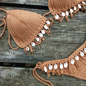 crochet bikini set Tan Bronze with natural seashells. Can be made in any color image 2