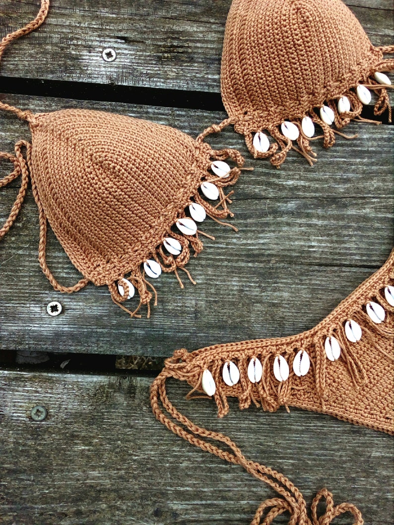 crochet bikini set Tan Bronze with natural seashells. Can be made in any color image 2