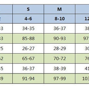 May include: Size chart for clothing with measurements in inches and centimeters. The chart shows sizes XS, S, M, L, and XL with corresponding bust, waist, and hip measurements.
