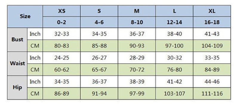 May include: Size chart for clothing with measurements in inches and centimeters. The chart shows sizes XS, S, M, L, and XL with corresponding bust, waist, and hip measurements.