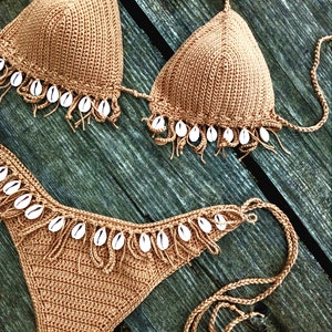 crochet bikini set Tan Bronze with natural seashells. Can be made in any color image 4