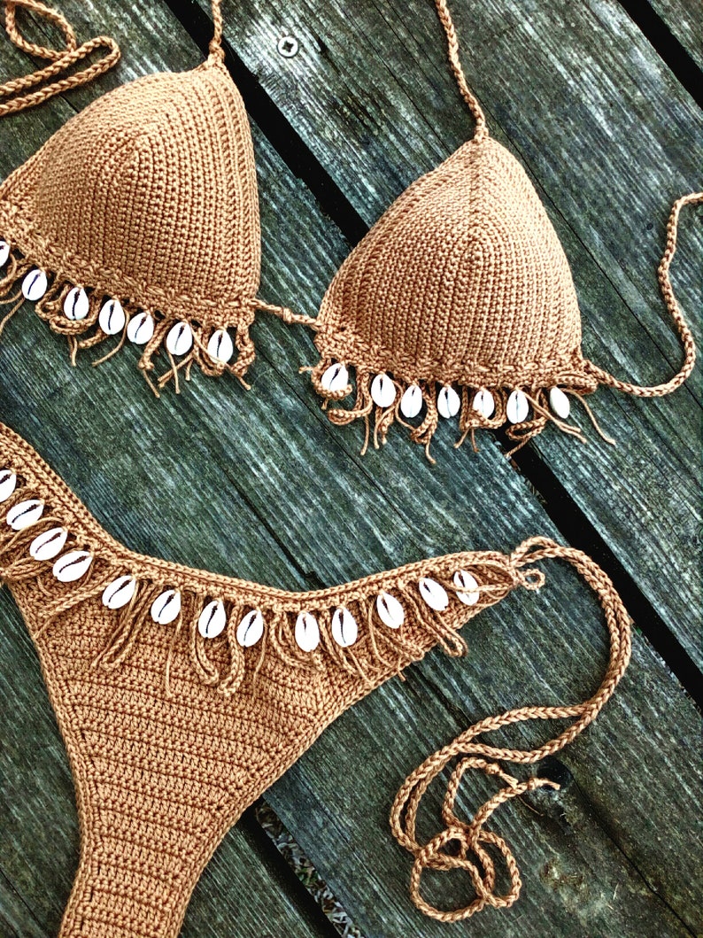 crochet bikini set Tan Bronze with natural seashells. Can be made in any color image 4