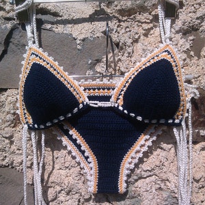 crochet bikini in Dark Blue with orange and white accents image 1