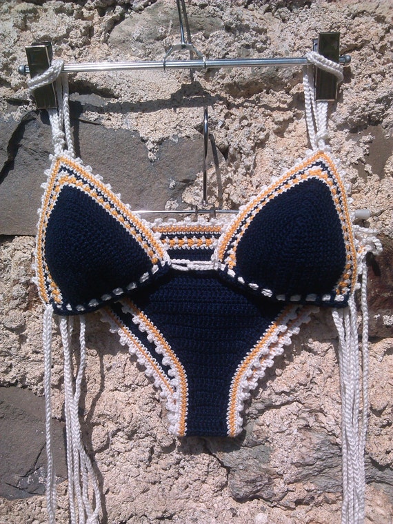 Crochet Bikini in Dark Blue With Orange and White Accents 