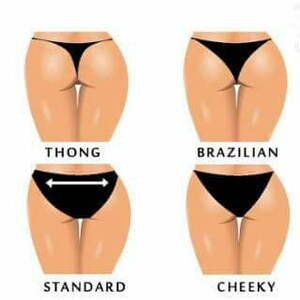 May include: Four different styles of underwear are shown: thong, Brazilian, standard, and cheeky. Each style is shown on a female figure from the back.