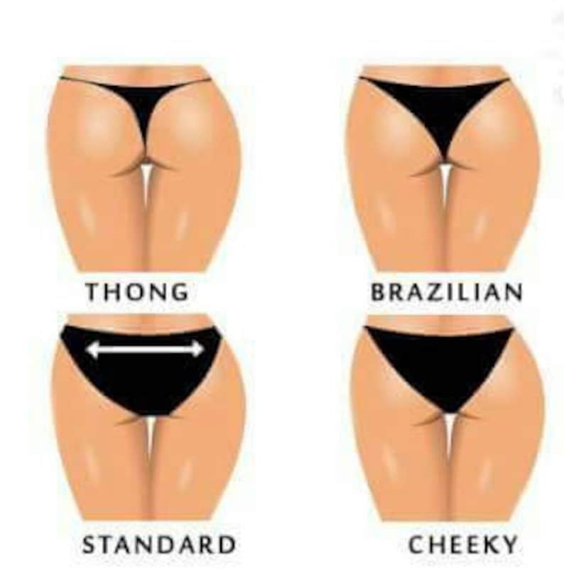May include: Four different styles of underwear are shown: thong, Brazilian, standard, and cheeky. Each style is shown on a female figure from the back.