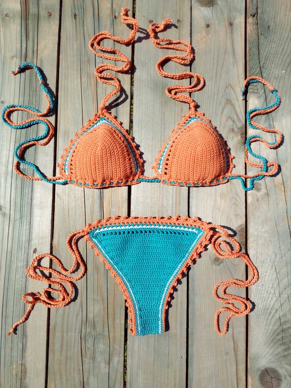 Crochet Bikini Set in Orange Turquoise Bikini Crochet Swimwear - Etsy