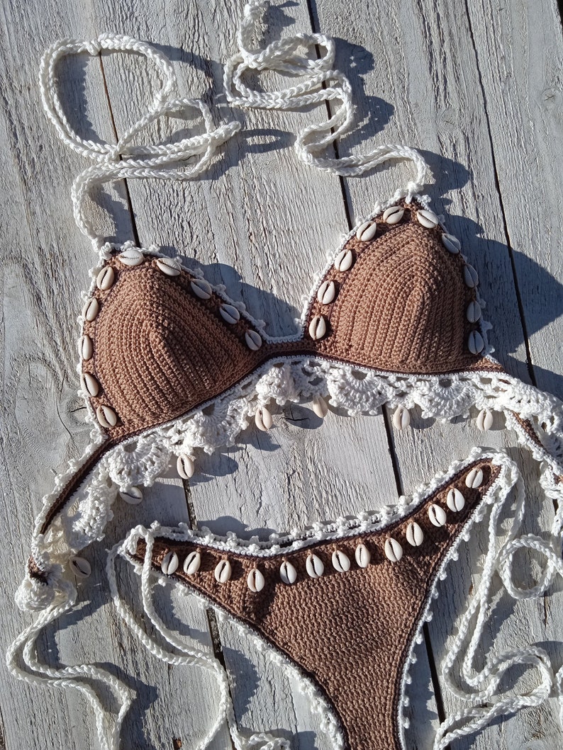 crochet bikini set High Hip in Tan Bronze with lace edgings and natural shells image 1