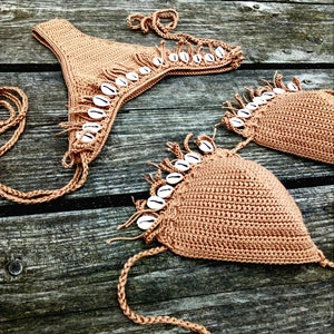 crochet bikini set Tan Bronze with natural seashells. Can be made in any color image 6