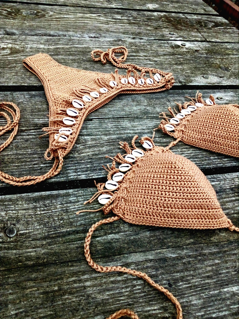 crochet bikini set Tan Bronze with natural seashells. Can be made in any color image 6