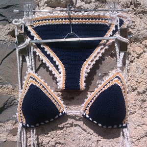 crochet bikini in Dark Blue with orange and white accents image 2