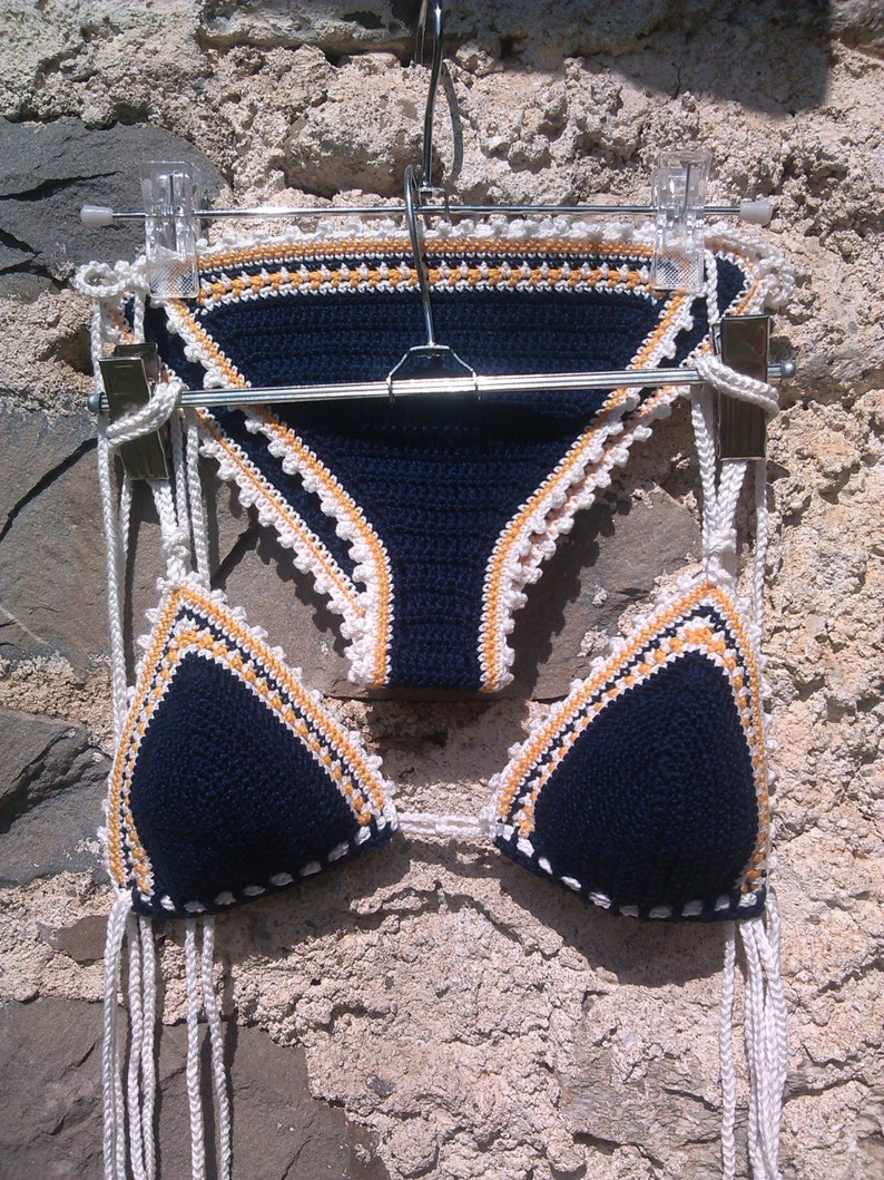 crochet bikini in Dark Blue with orange and white accents image 2