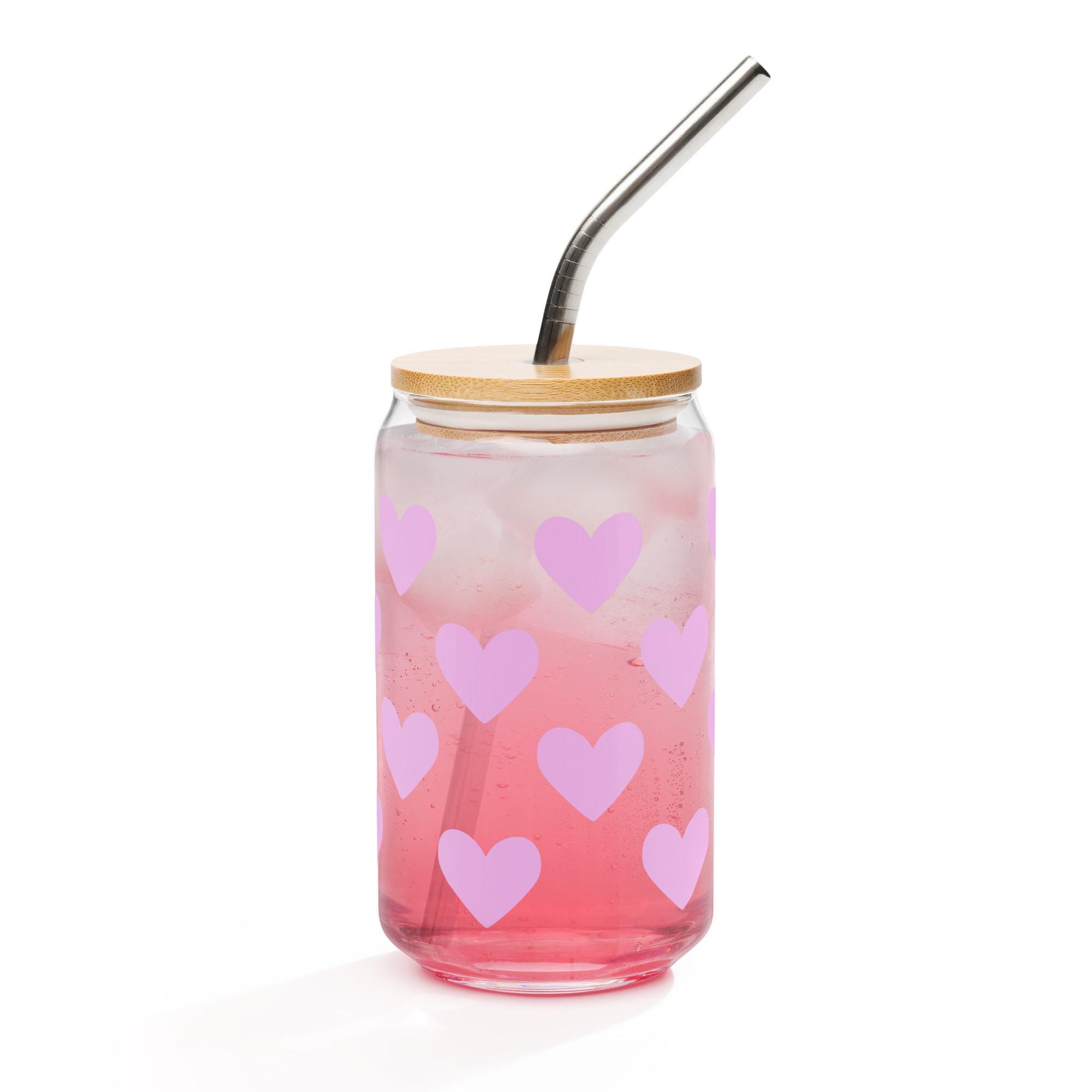 Pink Heart Can Glass | 16oz Iced Coffee Cup, Cute Seamless Pattern Tumbler, Valentine’s Gift, Girly Aesthetic Drinkware