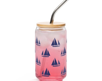 Sapphire Sails Can Glass | 16oz Iced Coffee Cup, Sailboat Tumbler, Nautical Ocean Gift, Coastal Blue Aesthetic Glass