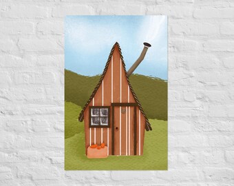 May include: A whimsical illustration of a small, brown cabin with a pointed roof and a chimney. The cabin has a door, a window, and a small planter box with orange objects. The background features green hills and a blue sky.