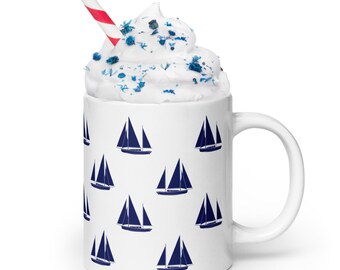 Sapphire Sails Ceramic Mug | Nautical Coffee Cup, Blue Sailboat Art, Ocean Lover Gift, Coastal Kitchen Drinkware