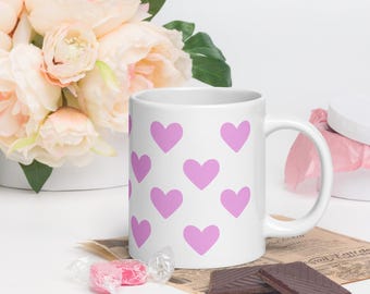 Pink Heart Ceramic Mug – Cute Seamless Pattern Coffee Cup, Valentine’s Gift, Girly Aesthetic Drinkware, Love Theme Mug