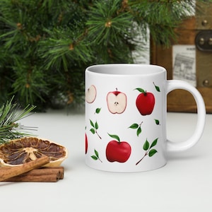 Red and Ripe Apple White Glossy Mug - Cute Fruit Coffee Cup, Farmhouse Kitchen Decor, Teacher Gift, Autumn Apple Lover Gift