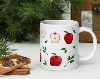 Red and Ripe Apple White Glossy Mug - Cute Fruit Coffee Cup, Farmhouse Kitchen Decor, Teacher Gift, Autumn Apple Lover Gift