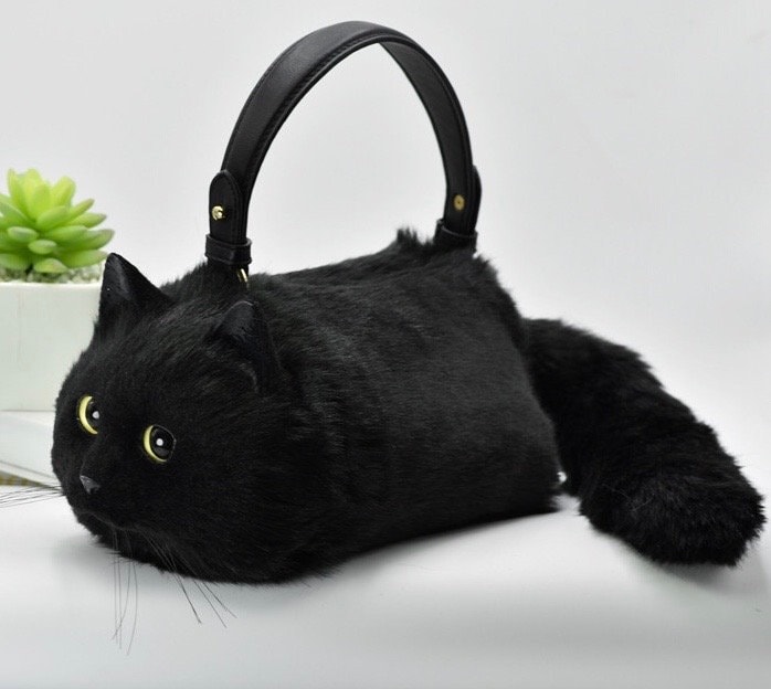Realistic Black Cat Plush Plushie Kitty Kitten Hand Bag Etsy