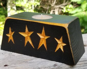 Tea Light Base - Hand Carved Stars - Black