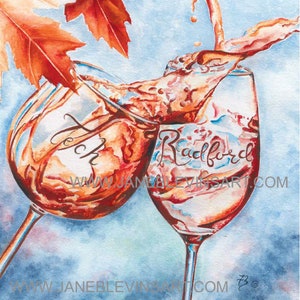 May include: Two wine glasses clink together, with a splash of wine spilling out. The glasses are decorated with the names "Loch" and "Radford". A single red and orange leaf is in the background.